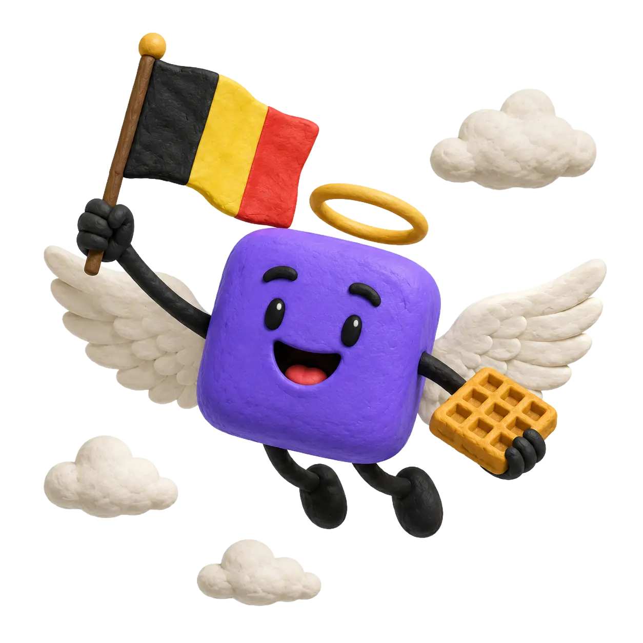 Angel mascot flying with the Belgian flag